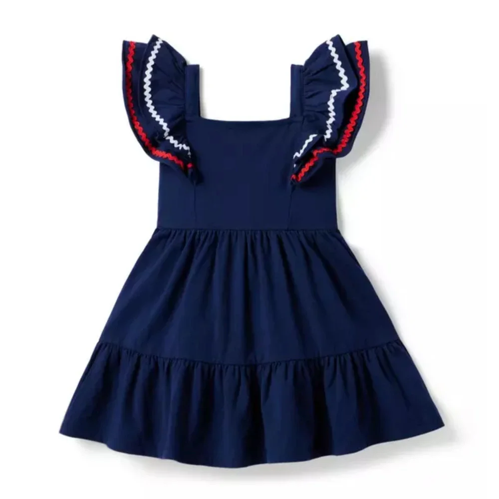 Janie and Jack Americana Ric Rac Ruffle Dress Sz 10 Navy Preppy Nautical Marine